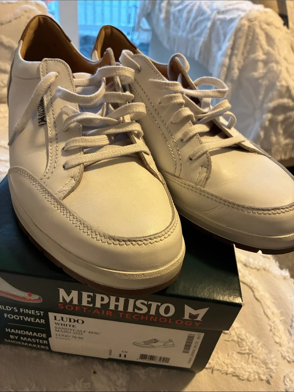 Mephisto White Leather Slip-On Lace Casual Shoes with Tan Heel Accent